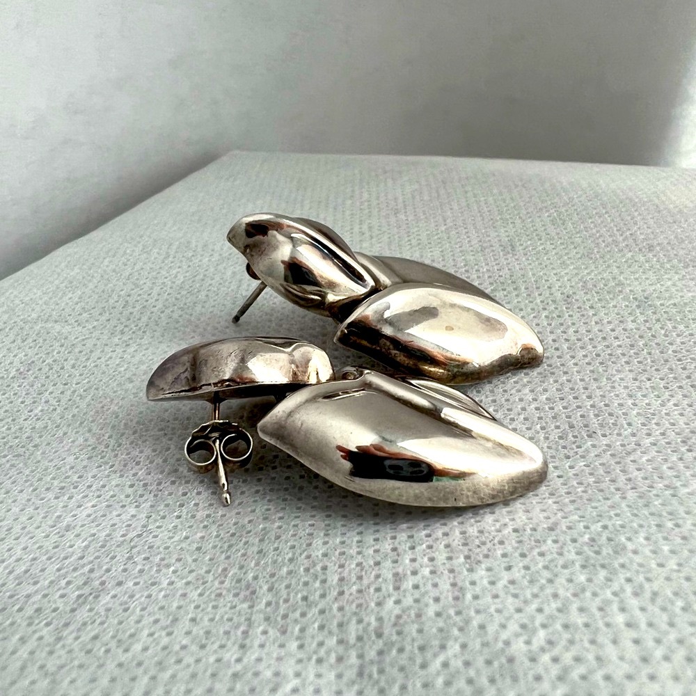 925 Silver Heart Flower Floral Leaf Abstract Art Statement Earrings VTG Jewelry - Picture 5 of 8